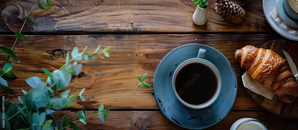 Top down view of a breakfast setting featuring coffee and a croissant on a wooden table providing ample space for additional elements in the image Top down view of a breakfast setting featuring coffee and a croissant on a wooden table providing ample space for additional elements in the image