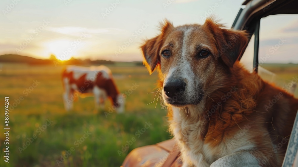 Obraz premium Closeup: pet dog on old car, cows eating grass in the background, countryside vibe.