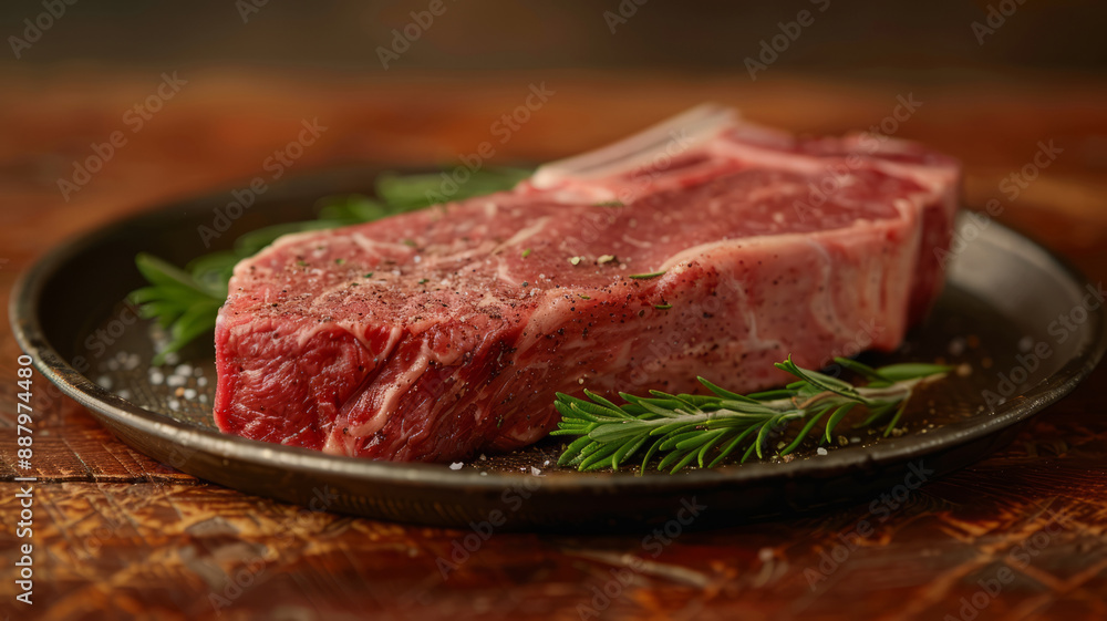 Raw steak on a plate with rosemary seasoning. Raw steak on a plate with rosemary seasoning.