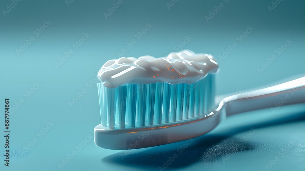 Toothbrush with toothpaste, blue background, pastel colors, soft lighting, macro photography, dental hygiene, minimalist composition, close-up detail, bristle texture, fresh mint concept. Toothbrush with toothpaste, blue background, pastel colors, soft lighting, macro photography, dental hygiene, minimalist composition, close-up detail, bristle texture, fresh mint concept.