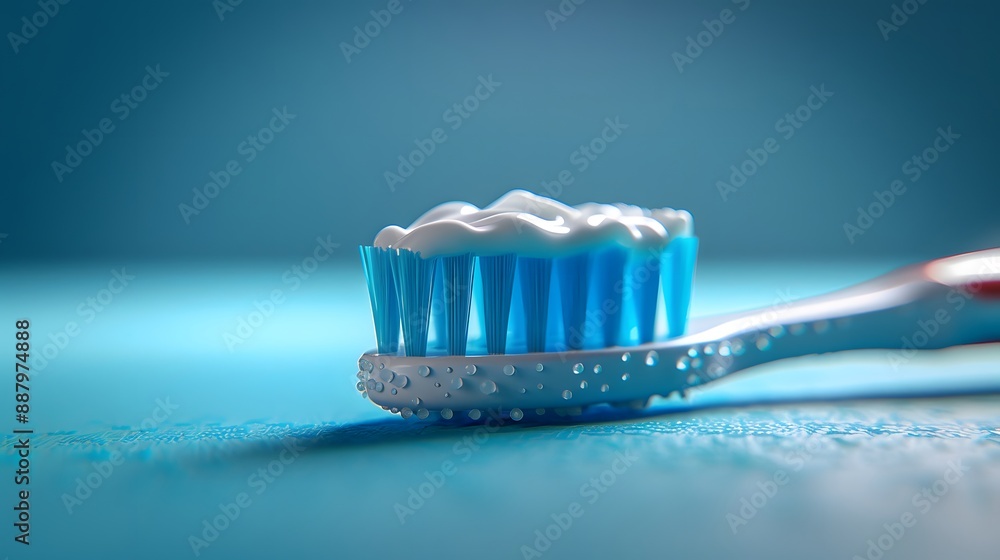 Toothbrush with toothpaste, blue background, pastel colors, soft lighting, macro photography, dental hygiene, minimalist composition, close-up detail, bristle texture, fresh mint concept. Toothbrush with toothpaste, blue background, pastel colors, soft lighting, macro photography, dental hygiene, minimalist composition, close-up detail, bristle texture, fresh mint concept.