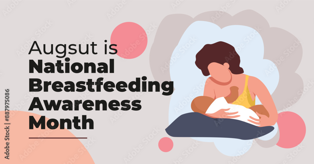 August is National Breastfeeding Awareness Month. Illustration of a woman nursing mother feeding baby. Woman holding child on cushion. August is National Breastfeeding Awareness Month. Illustration of a woman nursing mother feeding baby. Woman holding child on cushion.