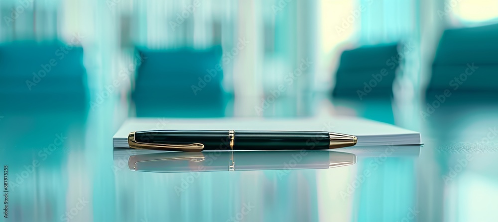 A pen and notebook on the table in front of an office boardroom, blurred background, blue tones, close up. A pen and notebook on the table in front of an office boardroom, blurred background, blue tones, close up.