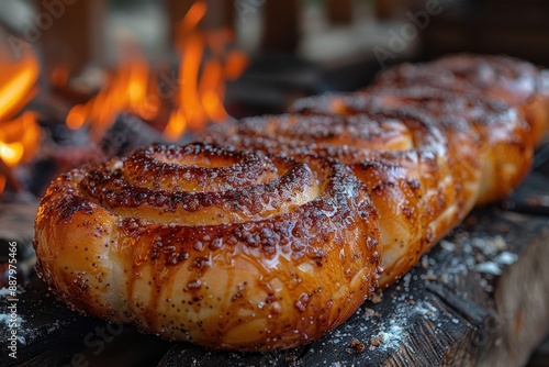 Hungary Krtskalcs Spiral shaped sweet bread rolled in sugar and cinnamon, baked on a spit, served warm. photo