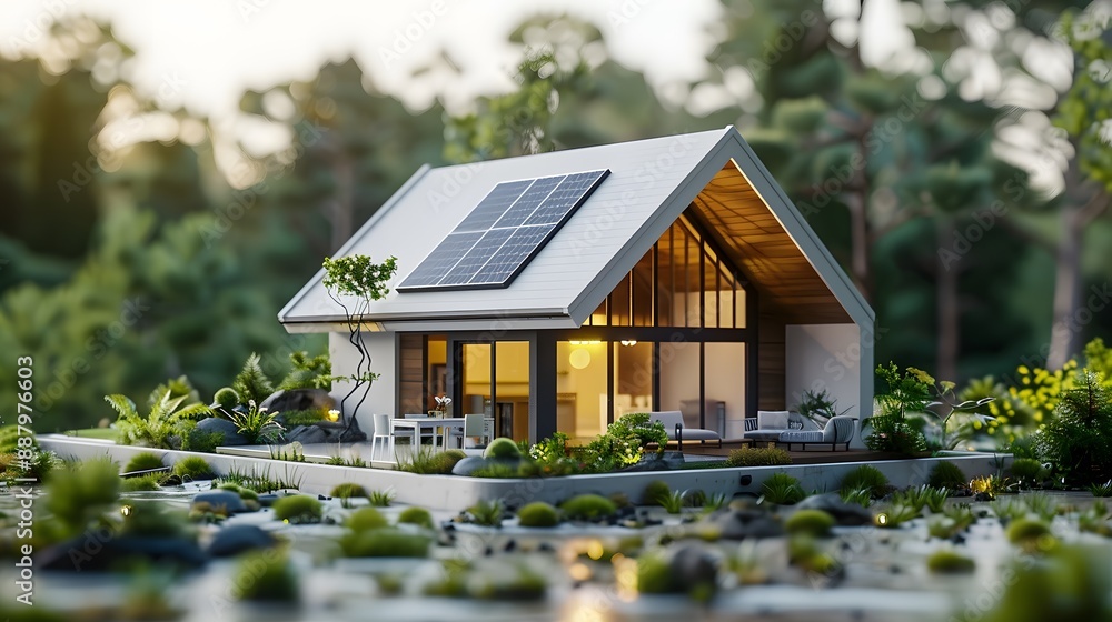 white background, miniature house model, solar panels on roof, modern architecture, 3D render, tiny trees and plants, detailed, realistic textures, clean design, energy efficient home. white background, miniature house model, solar panels on roof, modern architecture, 3D render, tiny trees and plants, detailed, realistic textures, clean design, energy efficient home.