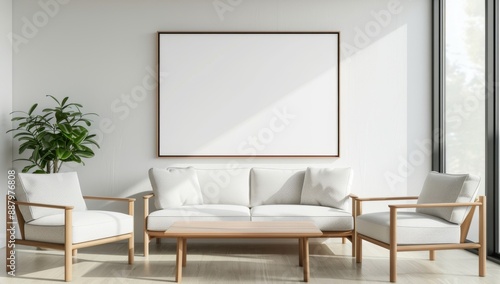 A simple and clean mockup of an empty poster frame on the wall in front, above a white sofa with two armchairs