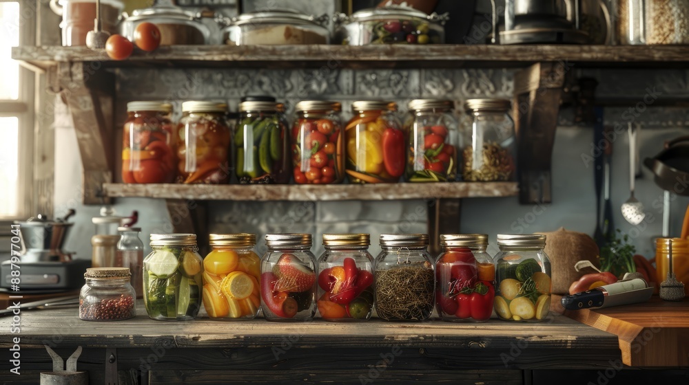 Rustic kitchen with preserved vegetables in jars. Rustic kitchen with preserved vegetables in jars.