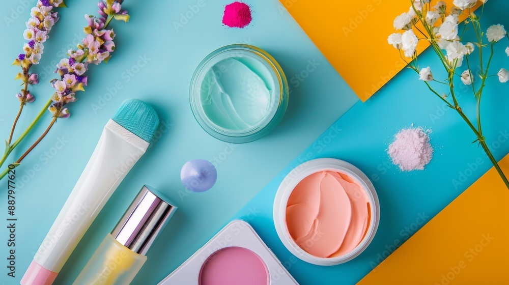 Flat lay of colorful cosmetics and flowers Flat lay of colorful cosmetics and flowers