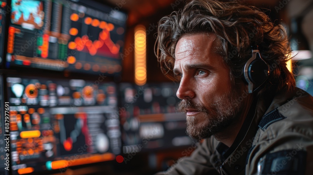 Focused man with headset analyzing complex data on multiple screens in a high-tech environment, showcasing intense concentration and technology. Focused man with headset analyzing complex data on multiple screens in a high-tech environment, showcasing intense concentration and technology.