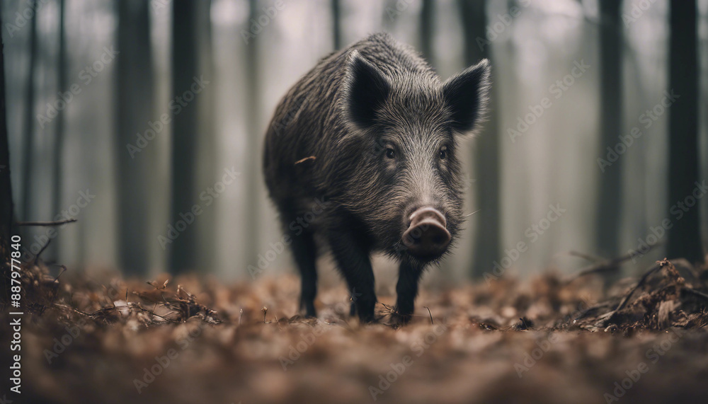 A wild boar foraging in the forest, overcast day
A wild boar foraging in the forest, overcast day