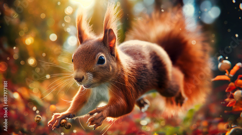 Close-Up of Squirrel Leaping Among Autumn Foliage in Bright Sunlight