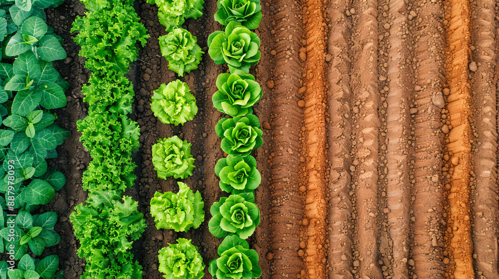 A row of vegetables including lettuce, carrots, and green plants. The vegetables are growing in a field with dirt and rocks A row of vegetables including lettuce, carrots, and green plants. The vegetables are growing in a field with dirt and rocks