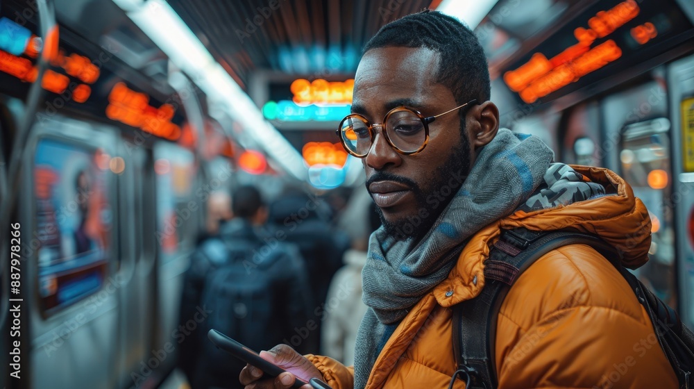 Man wearing glasses and a scarf checking his phone in a busy subway station with illuminated signs. Man wearing glasses and a scarf checking his phone in a busy subway station with illuminated signs.
