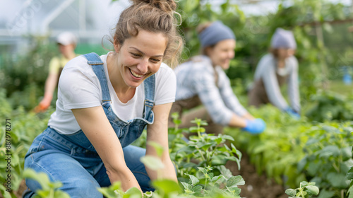 Wallpaper Mural A woman is smiling while working in a garden with other people. The garden is full of plants and the woman is kneeling down to tend to them. The atmosphere is cheerful and relaxed, as the woman Torontodigital.ca