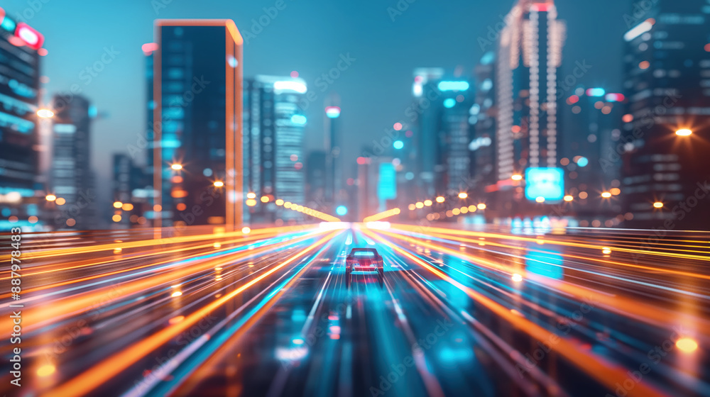 Fototapeta premium Vibrant Night Cityscape Featuring Fast Moving Car with Light Trails