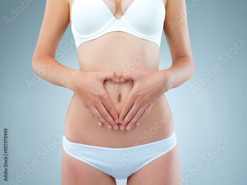 Girl, hands and stomach for diet in studio on white background with underwear. Female person, isolated and belly or waist with tummy tuck for self care with gut health, weight loss and wellness © peopleimages.com