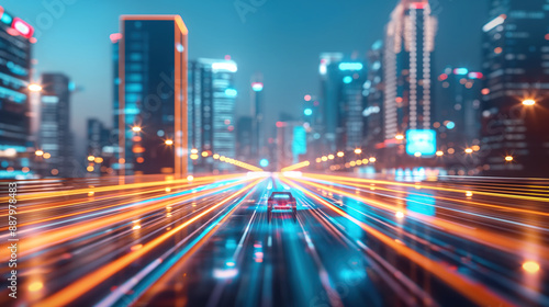 Vibrant Night Cityscape Featuring Fast Moving Car with Light Trails