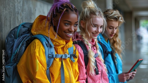 Three cheerful young women wearing colorful jackets and backpacks, smiling and enjoying time together outdoors. Urban setting.