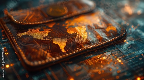 Vintage leather wallet on digital background featuring a world map design, representing global finance and technology integration.