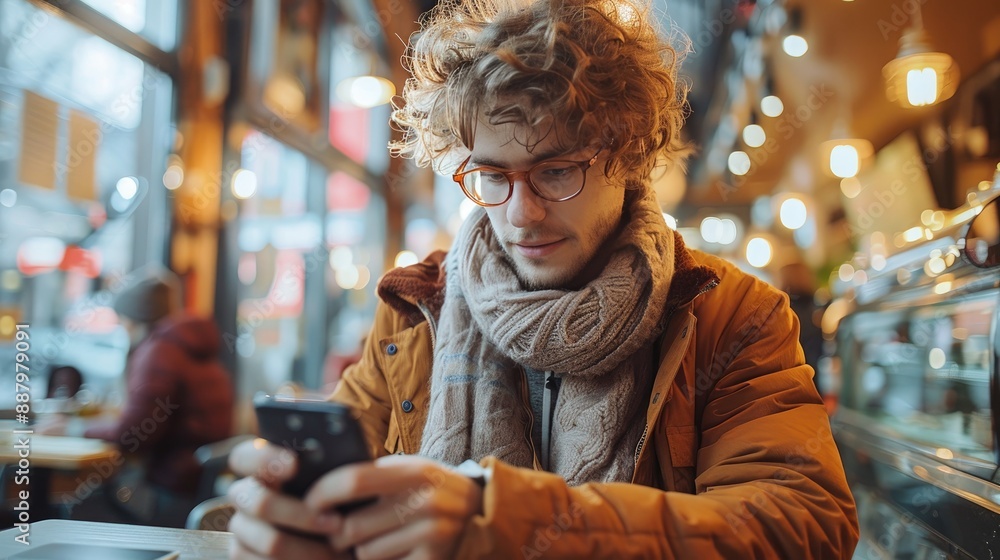 Young man with glasses and curly hair using smartphone in cozy cafe with warm lighting, capturing modern lifestyle and technology. Young man with glasses and curly hair using smartphone in cozy cafe with warm lighting, capturing modern lifestyle and technology.