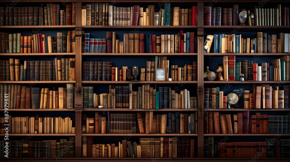 A vast bookshelf in a public library, meticulously organized, A vast bookshelf in a public library, meticulously organized,