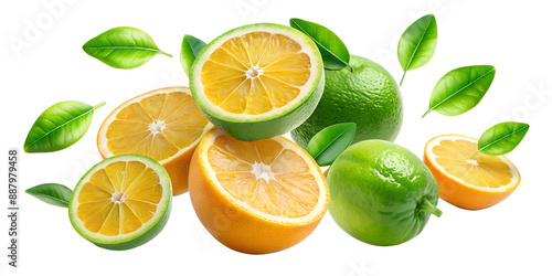 Fresh Green Oranges with Slices and Leaves Flying on a Transparent Background.