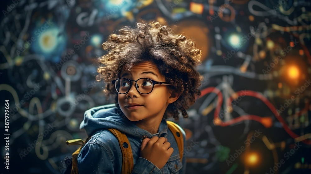 Obraz premium A young learner expressing creativity on a blackboard, turning ideas into visual masterpieces