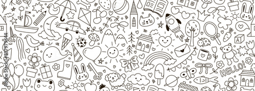 Seamless vector banner with hand drawn doodle illustrations in kids style. Cute child scribble in black color on wide background. Pattern with simple line drawings of animals, rocket, house, flowers