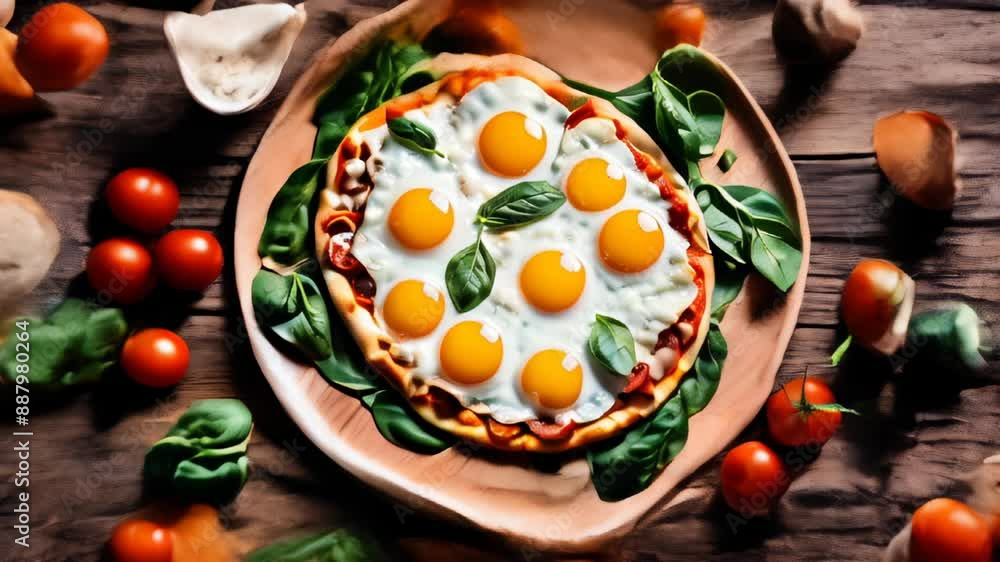 Deliciously unique pizza with sunny side up eggs and fresh toppings Deliciously unique pizza with sunny side up eggs and fresh toppings