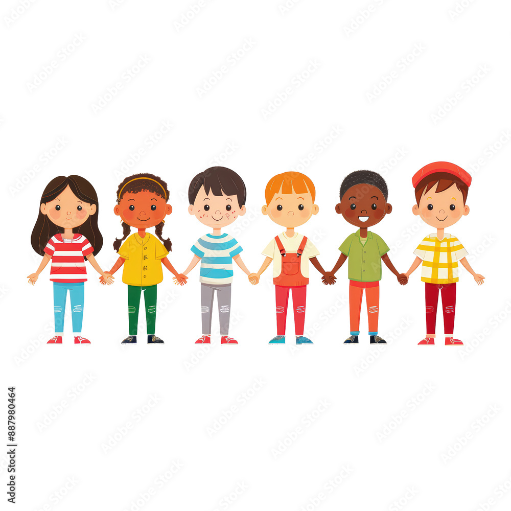 Diverse group of cheerful children holding hands, standing in a row, smiling, isolated on white or transparent png background Diverse group of cheerful children holding hands, standing in a row, smiling, isolated on white or transparent png background