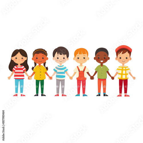 Diverse group of cheerful children holding hands, standing in a row, smiling,  isolated on white or transparent png background