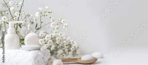 Close up of spa accessories and lovely flowers on a white backdrop with copy space image