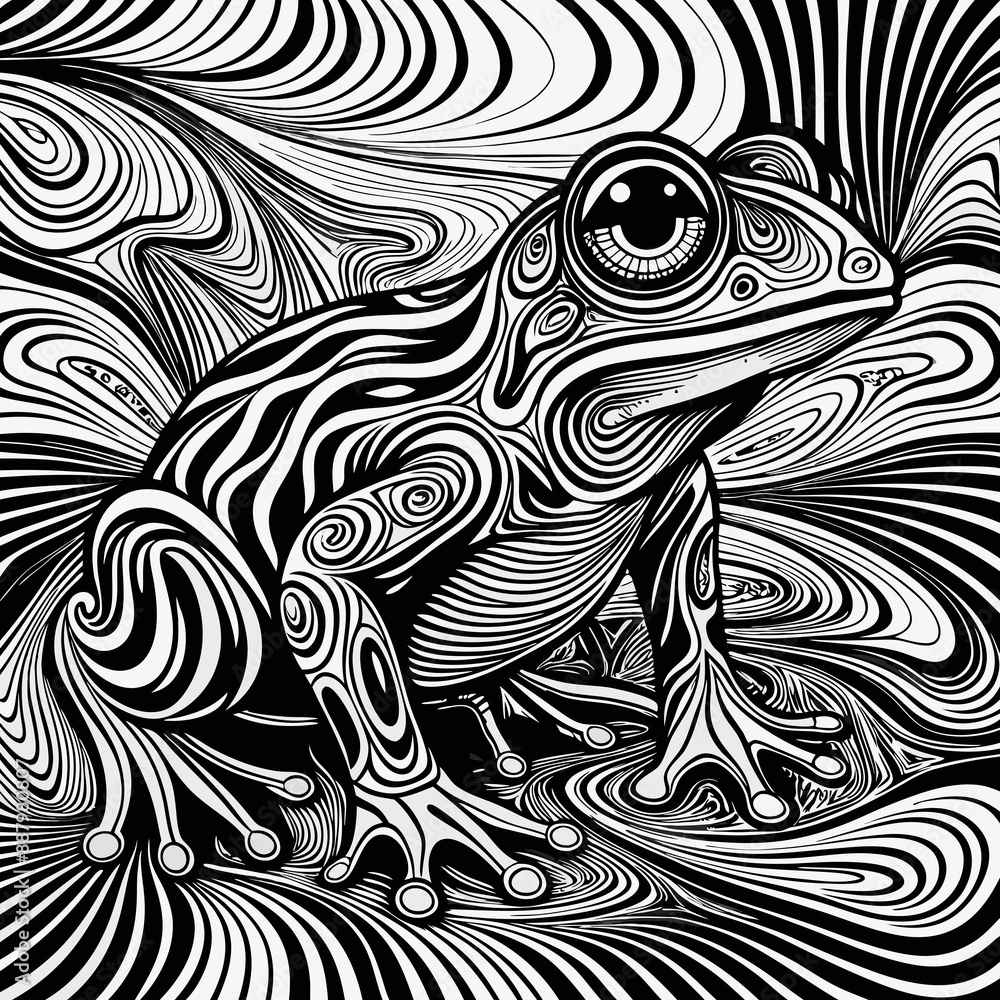 Monochrome Surreal Frog on Psychedelic Swirling Background - Hypnotic Black-and-White Optical Illusion Ink Illustration
Monochrome Surreal Frog on Psychedelic Swirling Background - Hypnotic Black-and-White Optical Illusion Ink Illustration