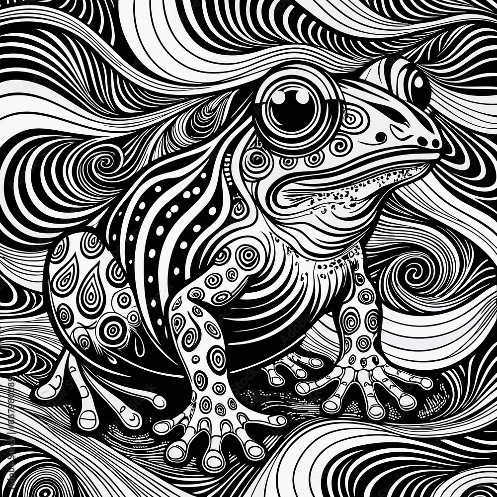 Monochrome Surreal Frog on Psychedelic Swirling Background - Hypnotic Black-and-White Optical Illusion Ink Illustration
Monochrome Surreal Frog on Psychedelic Swirling Background - Hypnotic Black-and-White Optical Illusion Ink Illustration