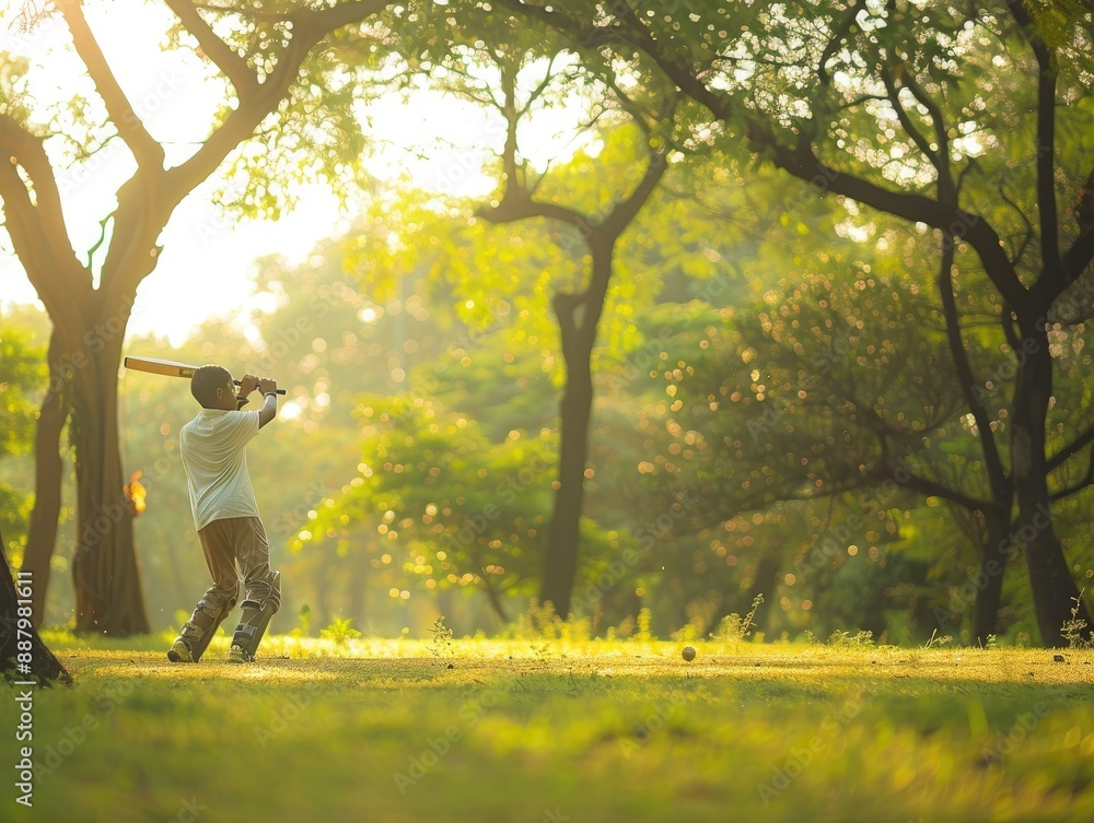 Cricketer walking with bat on a serene field in the evening light Cricketer walking with bat on a serene field in the evening light