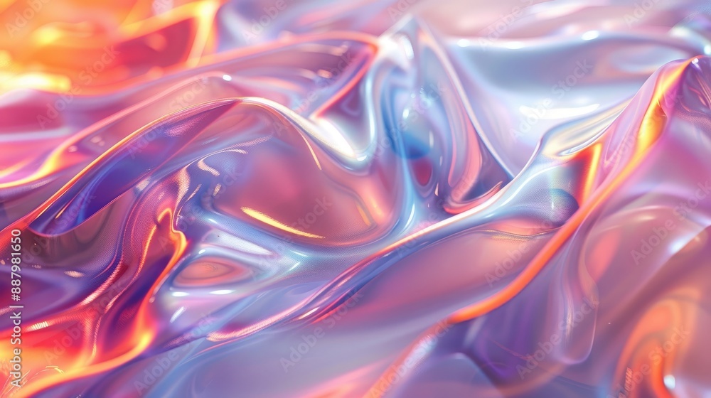 Fototapeta premium Iridescent chrome wavy gradient cloth fabric abstract background, ultraviolet holographic texture.