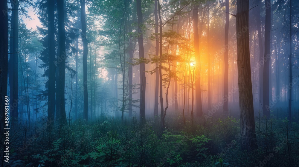Obraz premium Beautiful nature at morning in the misty spring forest with sun