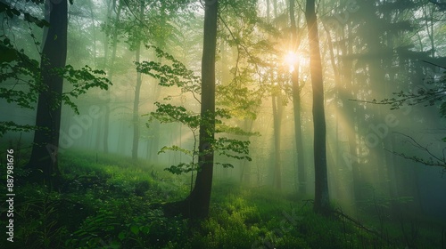 Beautiful nature at morning in the misty spring forest with sun