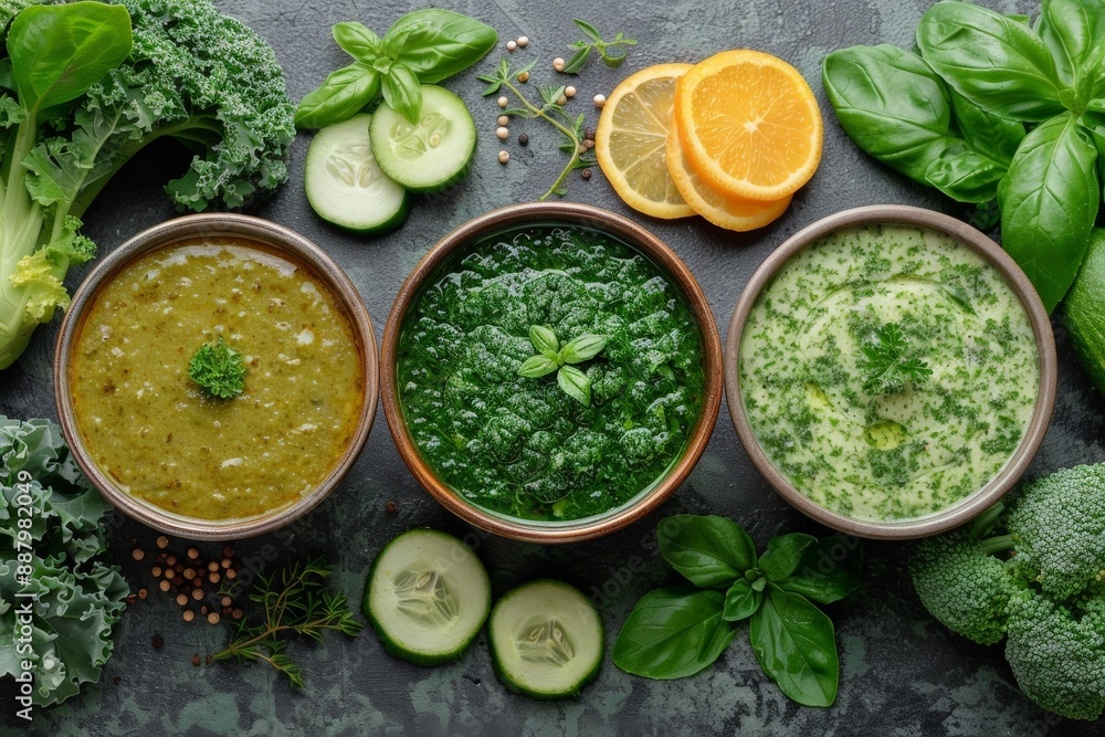 Green Smoothie Bowls with Kale, Cucumber, and Orange Slices. Green Smoothie Bowls with Kale, Cucumber, and Orange Slices.