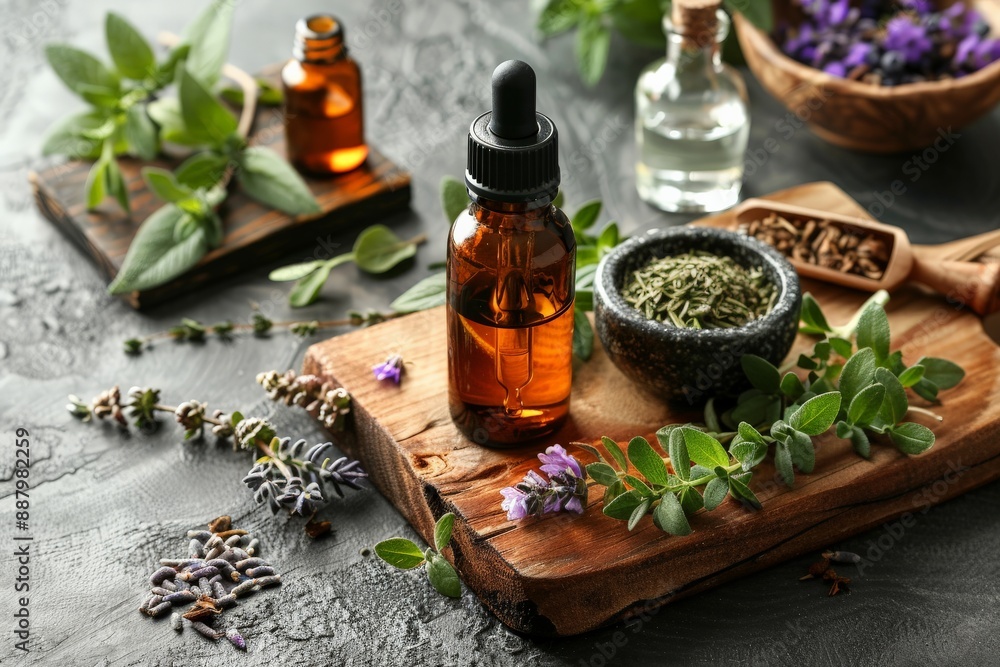 Essential Oil Dropper Bottle with Herbs on Wooden Board. Essential Oil Dropper Bottle with Herbs on Wooden Board.