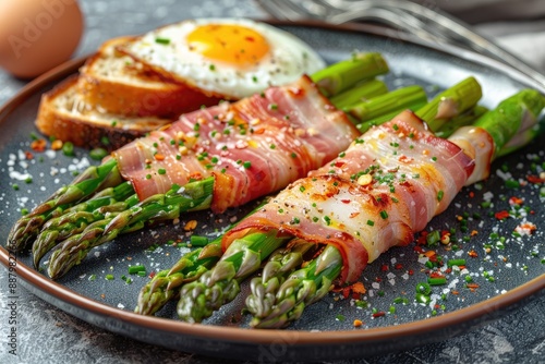 Plate with baked asparagus wrapped in Parma ham, an egg and toast next to it.