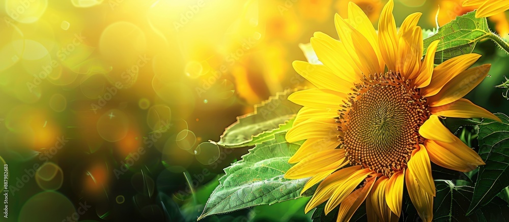 Naklejka premium A stunning yellow sunflower in closeup with vibrant green leaves peeking out from behind the petals set against a background ideal for a copy space image themed around summer or spring perfect as wal