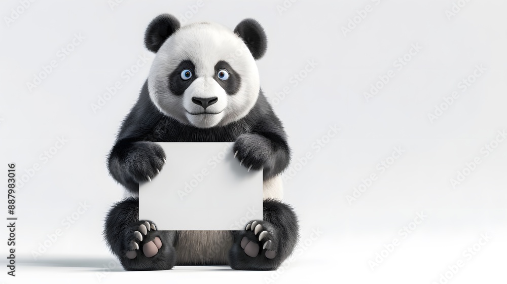 Naklejka premium Panda Holding a Blank Sign: A playful panda sitting on its haunches, holding a blank sign with both paws.
