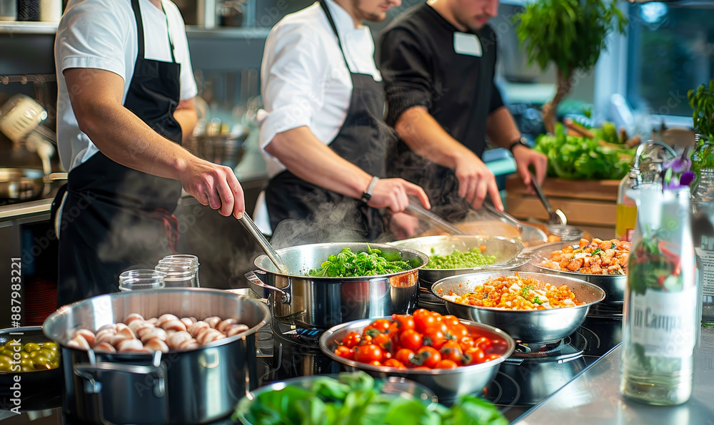 Obraz premium Group Cooking Class with Chefs Preparing Fresh Vegetable Dishes in Modern Kitchen During Daytime