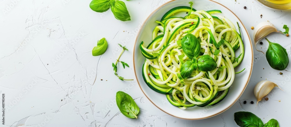 Obraz premium A top view table scene featuring nutritious zucchini pasta garnished with fresh garlic and basil on a white marble backdrop with copy space image