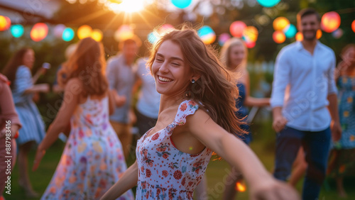 Junge Frau mit langen Haaren tanzt bei Sommerfest photo