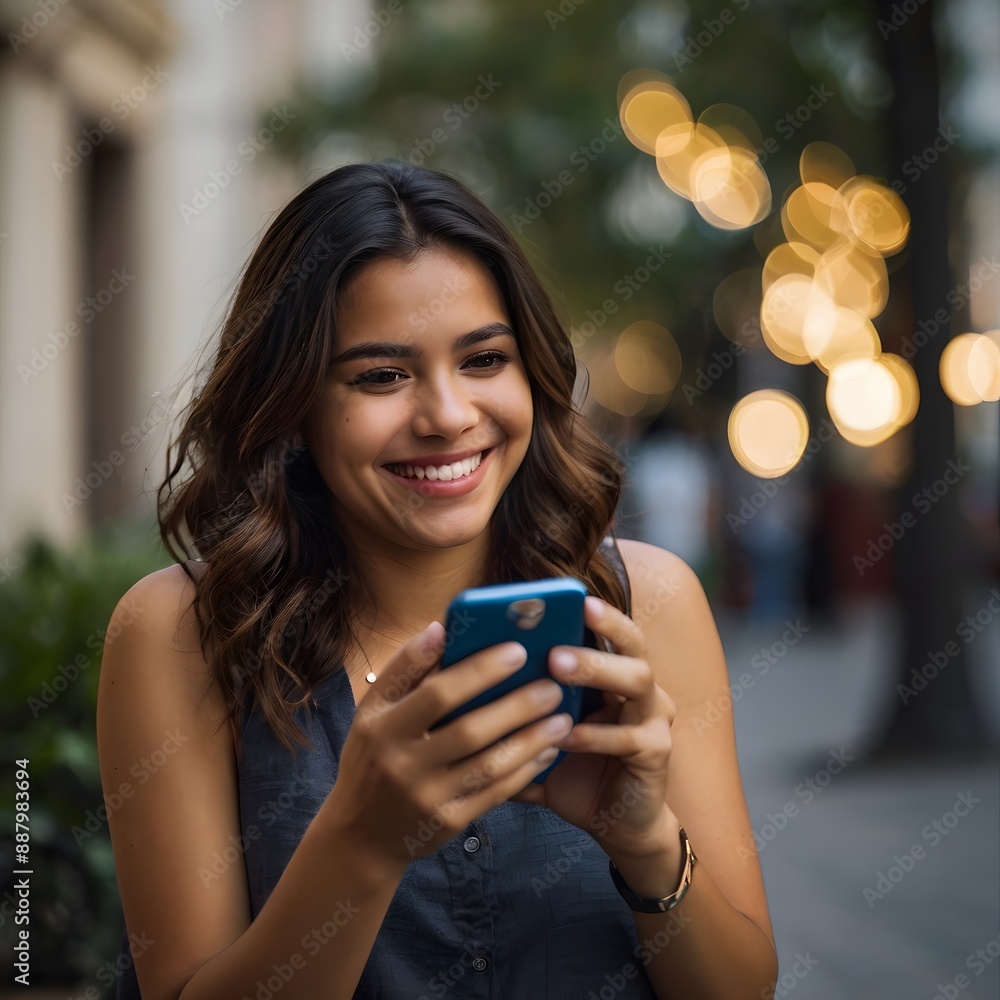 a young woman smiles while looking at her mobile phone a young woman smiles while looking at her mobile phone