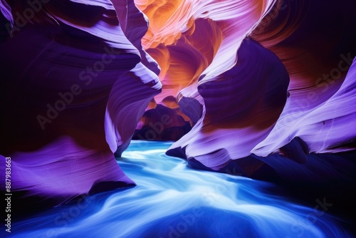 Futuristic abstract natural background. Antelope Canyon. Beautiful and colorful narrow slot canyon wall in blue and pink colors. Sand scoured rocks texture. Travel and vacation concept