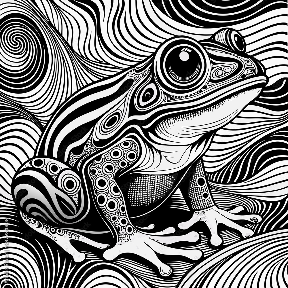 Monochrome Surreal Frog on Psychedelic Swirling Background - Hypnotic Black-and-White Optical Illusion Ink Illustration
Monochrome Surreal Frog on Psychedelic Swirling Background - Hypnotic Black-and-White Optical Illusion Ink Illustration