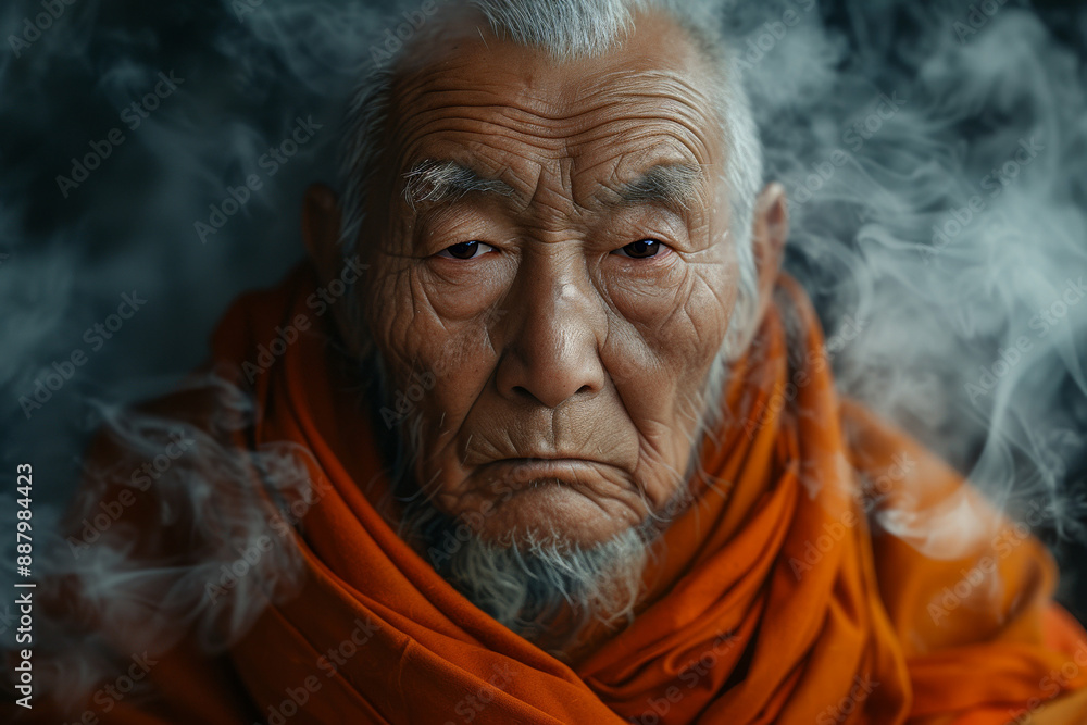 Serene portrait of elderly monk enveloped in mystical smoke, highlighting wisdom and tranquility through expressive eyes and traditional robe Serene portrait of elderly monk enveloped in mystical smoke, highlighting wisdom and tranquility through expressive eyes and traditional robe